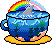 a teacup with a shark fin poking out, an ocean in the cup, and a rainbow/trans-bow in the background
